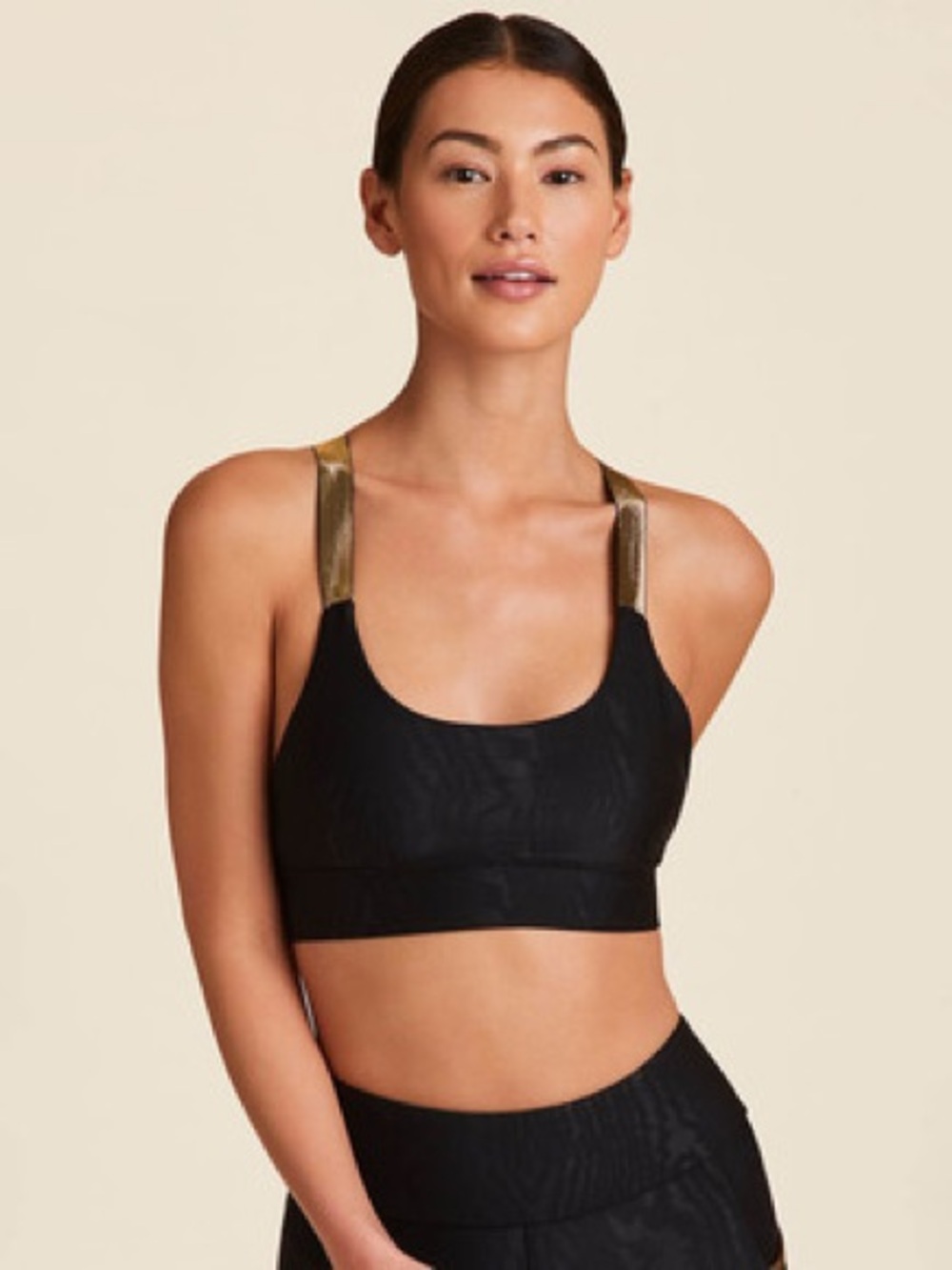 Alala Aphrodite Black Sports Bra with Metallic Gold Straps in XS